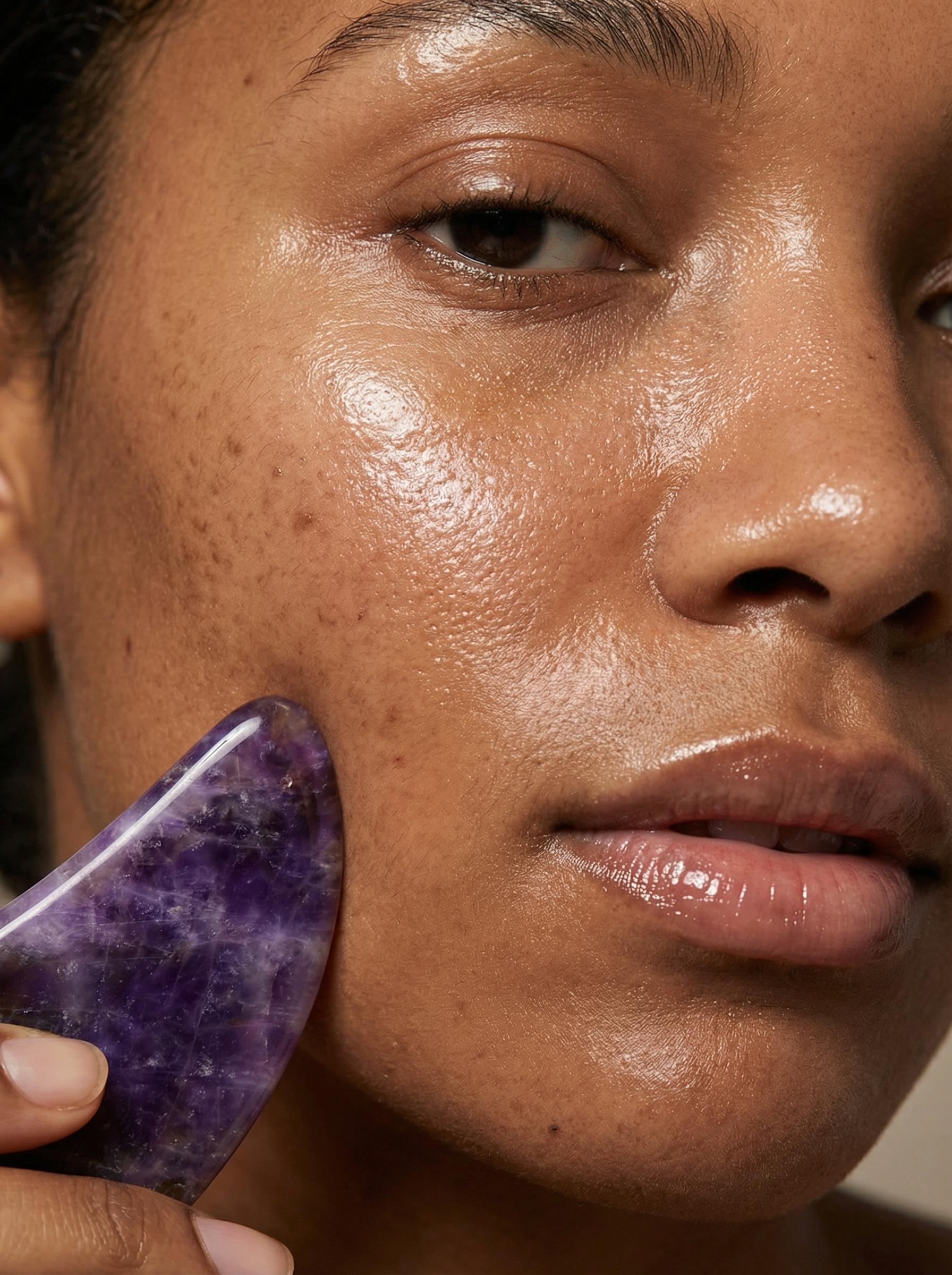 Amethyst gua sha stone gliding on oiled skin close-up