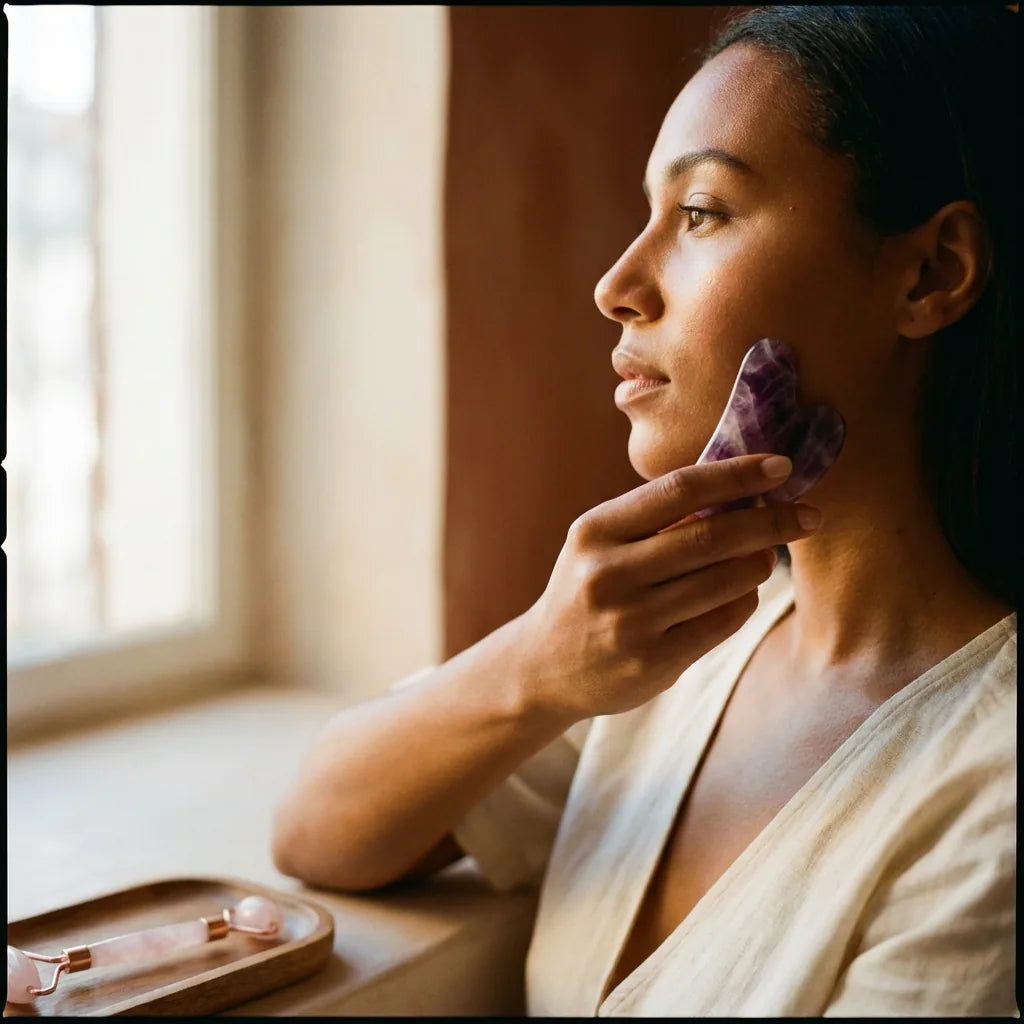 Woman using facial roller during morning sinus pressure routine