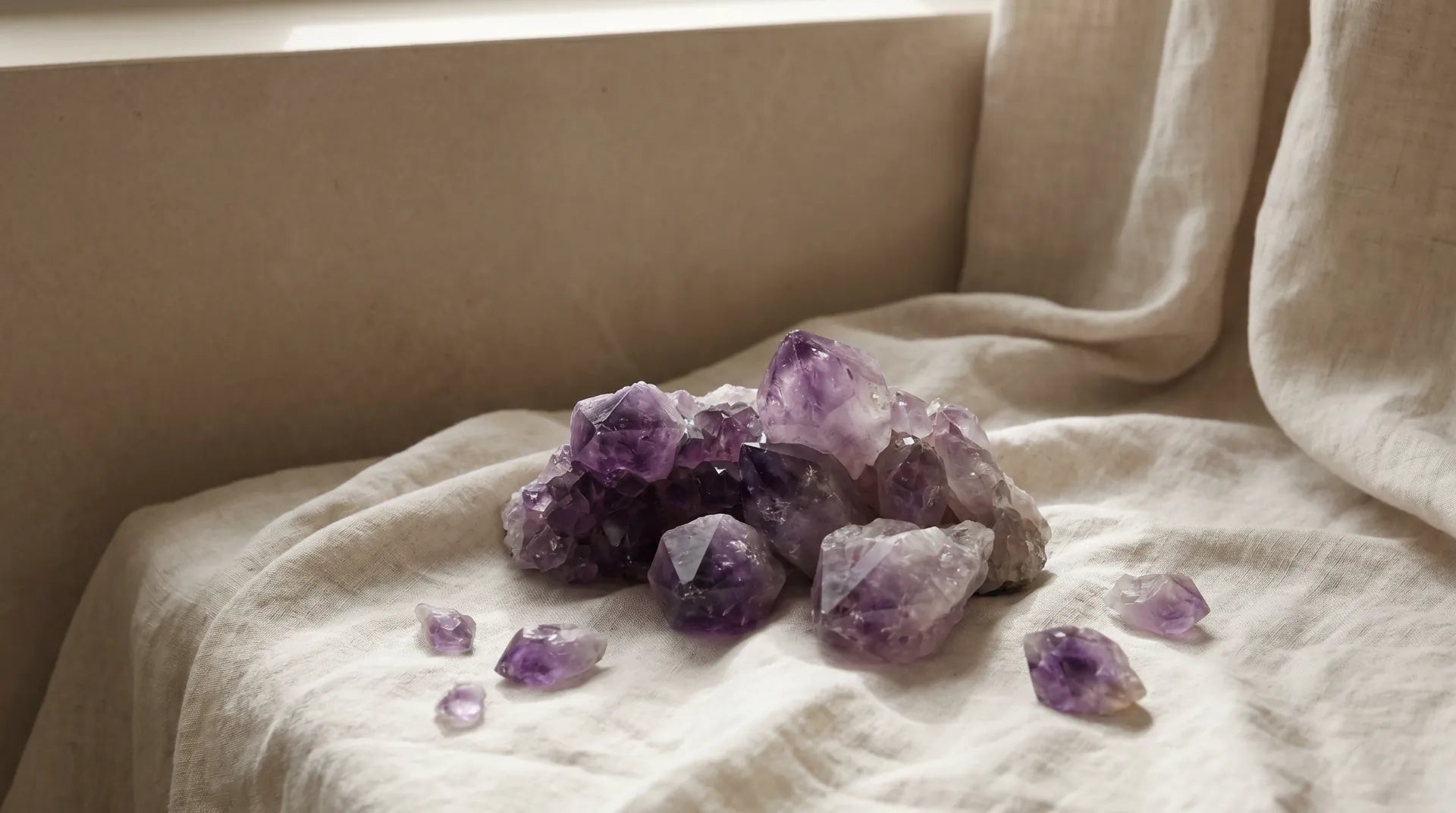 A cluster of raw, uncut amethyst crystals on cream linen &mdash; the material before it becomes a tool