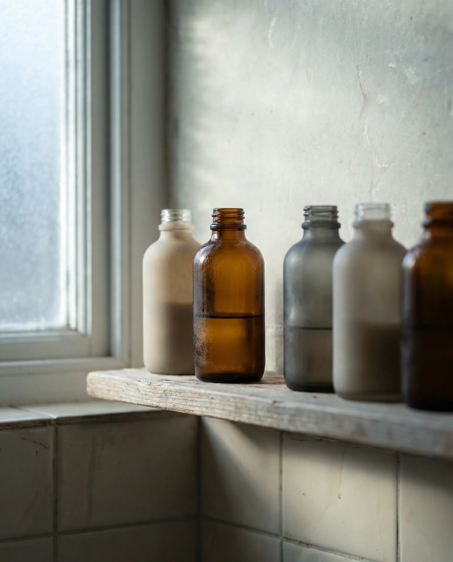 A row of unbranded skincare bottles in muted glass on a bathroom shelf, cold morning light