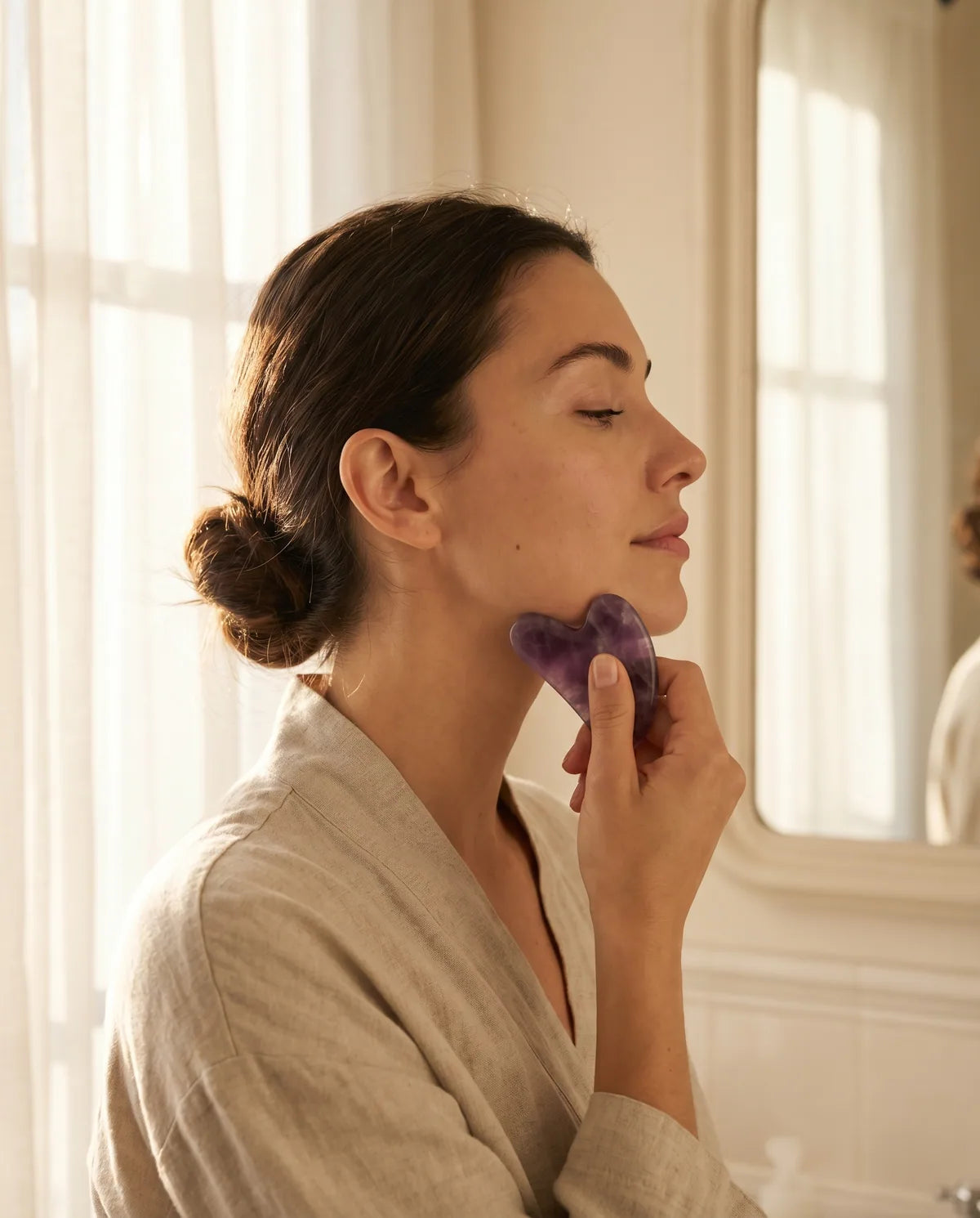 Sculpting jawline with amethyst gua sha stone