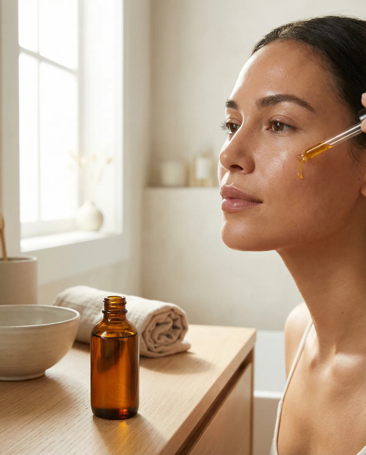 Apply rosehip oil to prep skin for gua sha