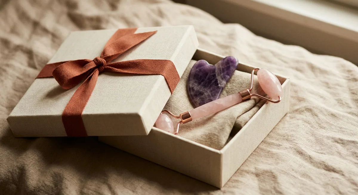 BY RITUEL unboxing moment — gift box with amethyst gua sha and rose quartz roller