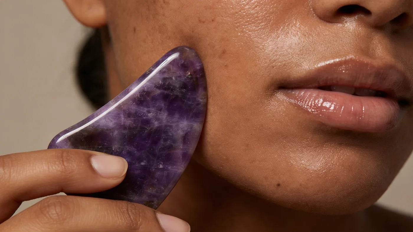 Close-up of amethyst gua sha stone being used on face