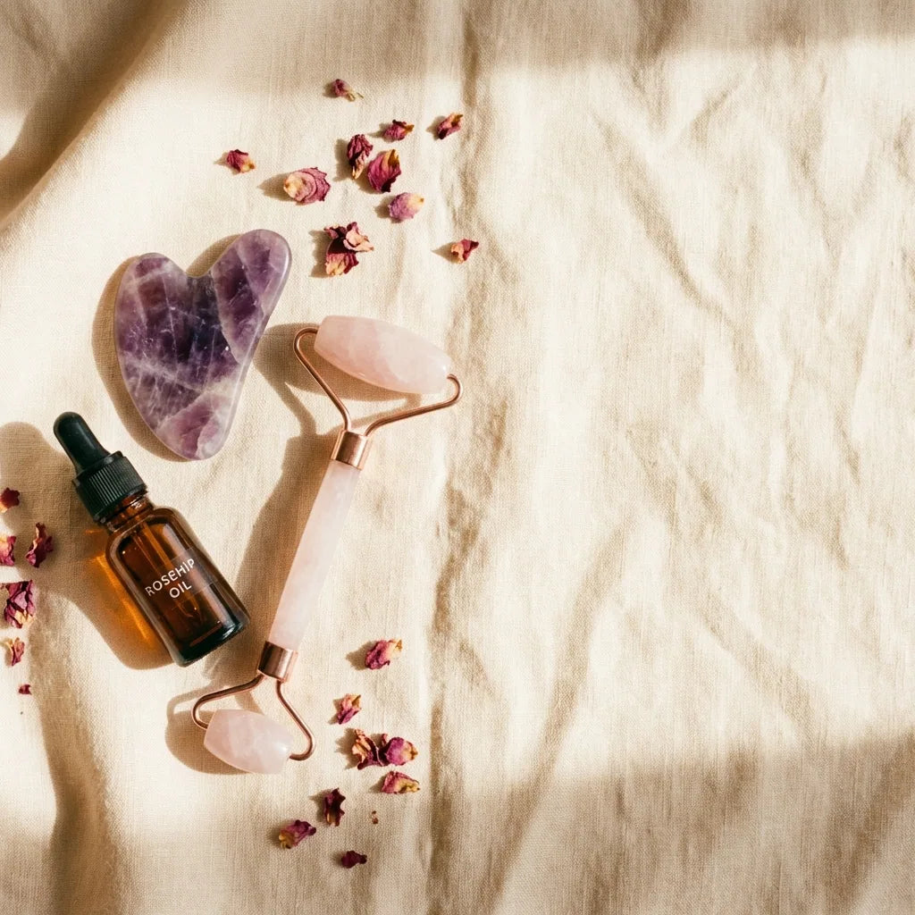 BY RITUEL editorial flatlay — amethyst gua sha, rose quartz roller and rosehip oil on cream linen