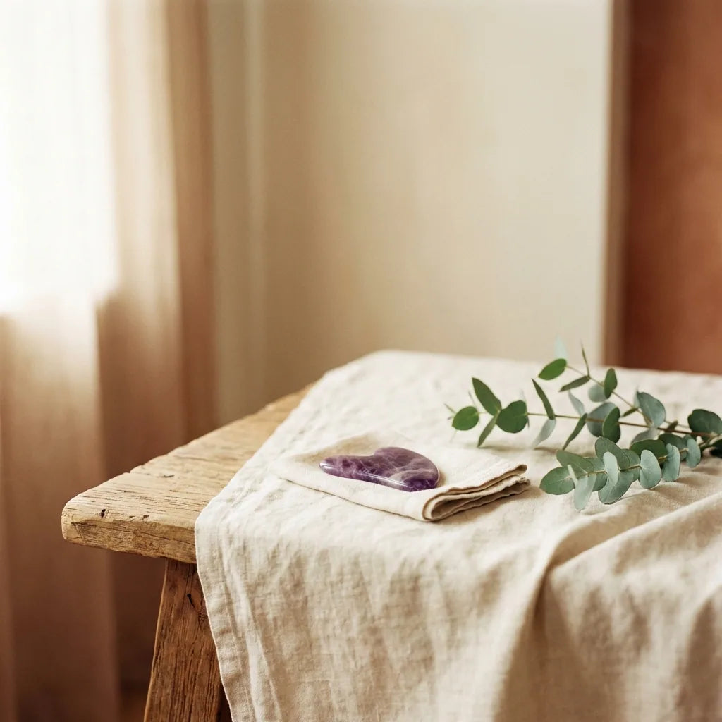 Calm BY RITUEL interior — linen, eucalyptus and an amethyst gua sha