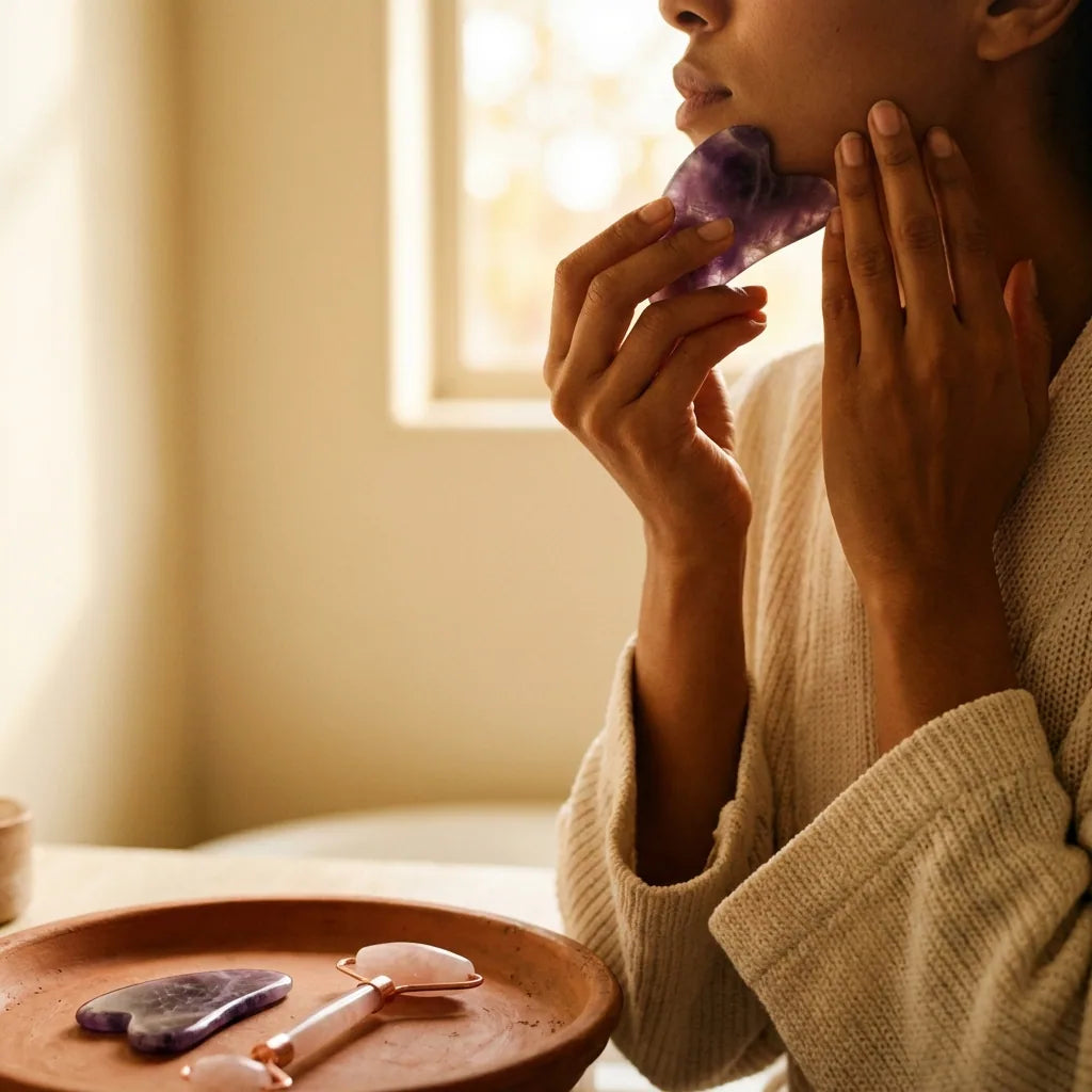 Close-up of amethyst gua sha gliding along jawline — BY RITUEL technique