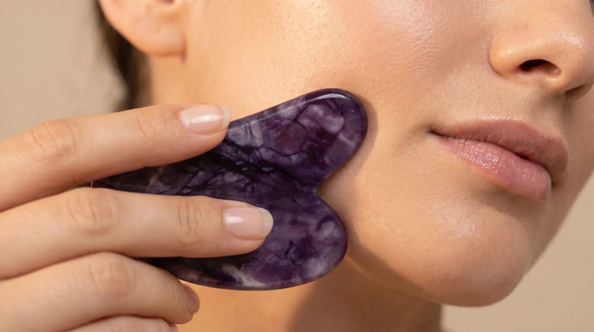 Close-up of an amethyst gua sha stone gliding along the jawline